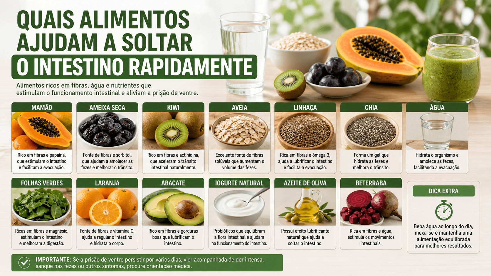 Quais alimentos ajudam a soltar o intestino rapidamente